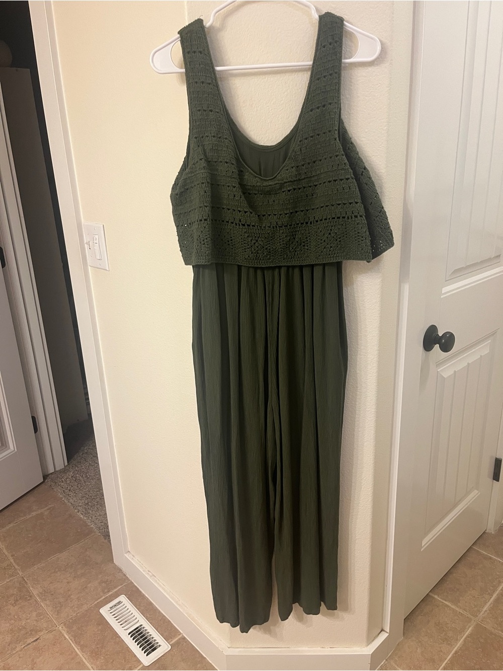 Maurices Olive Crochet Bodice Wide-Leg Jumpsuit